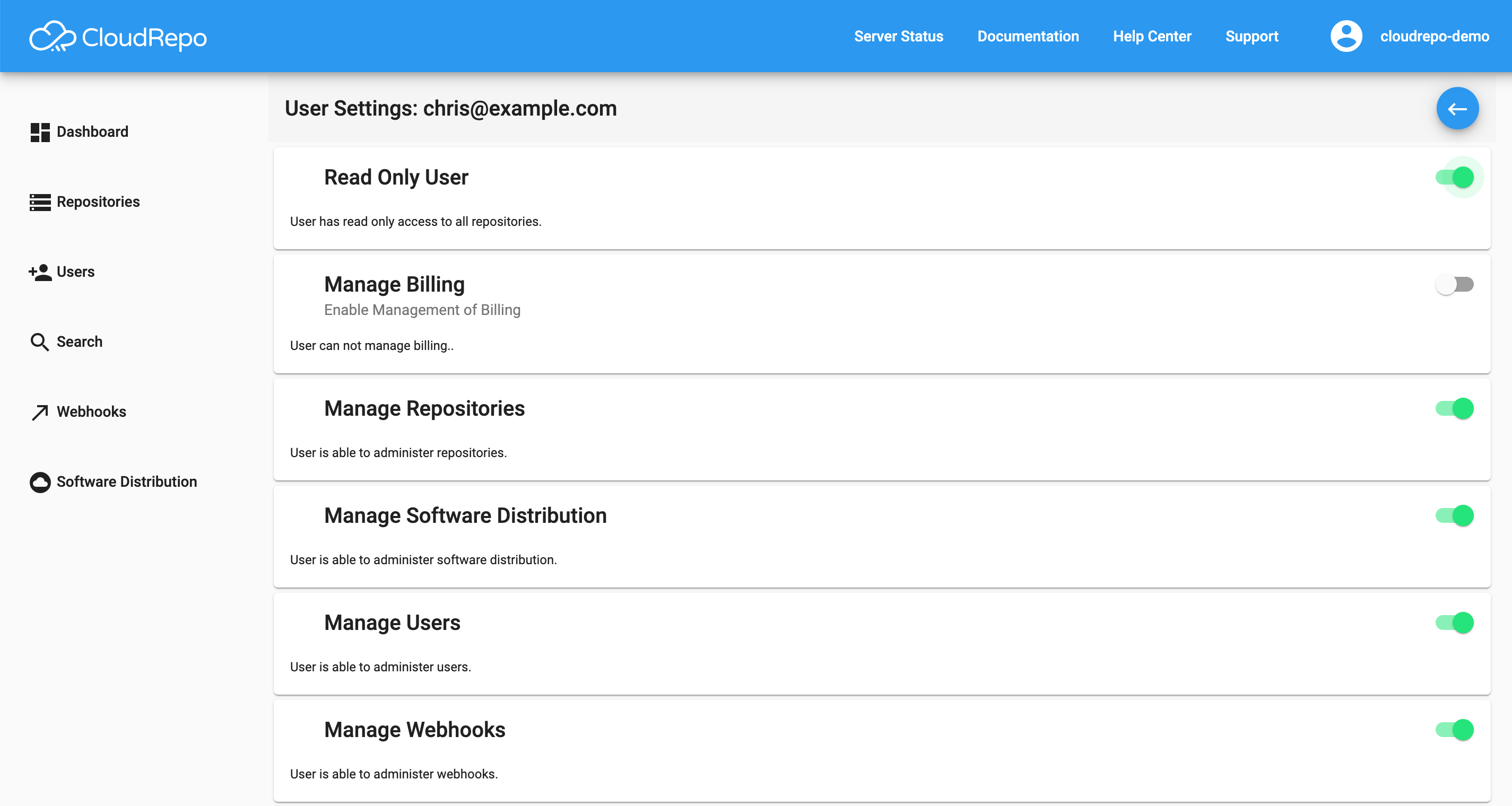 CloudRepo user settings