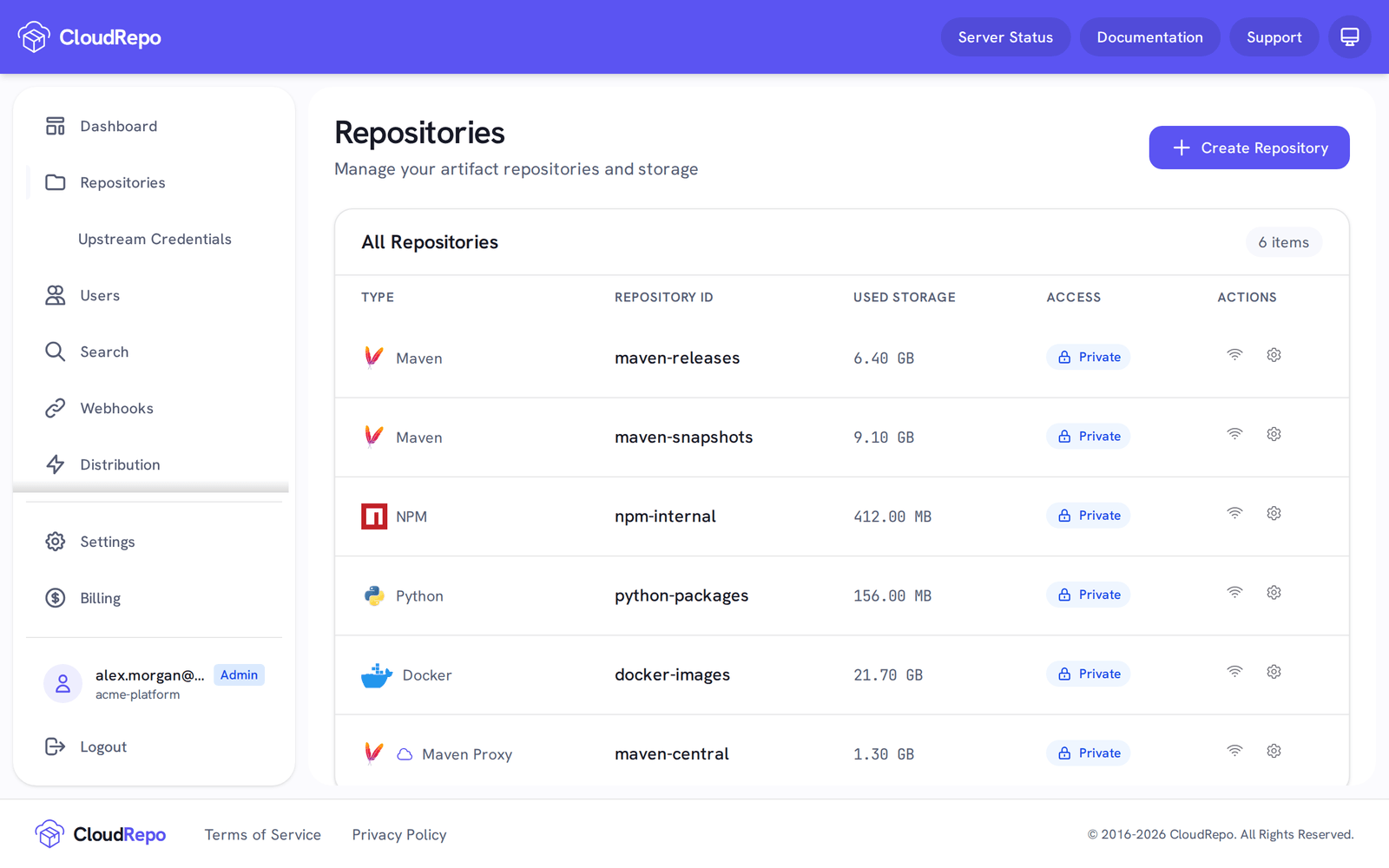 The Repositories page with a Create Repository button, listing maven-releases, maven-snapshots, npm-internal, python-packages and docker-images, with the maven-central proxy at the bottom edge.