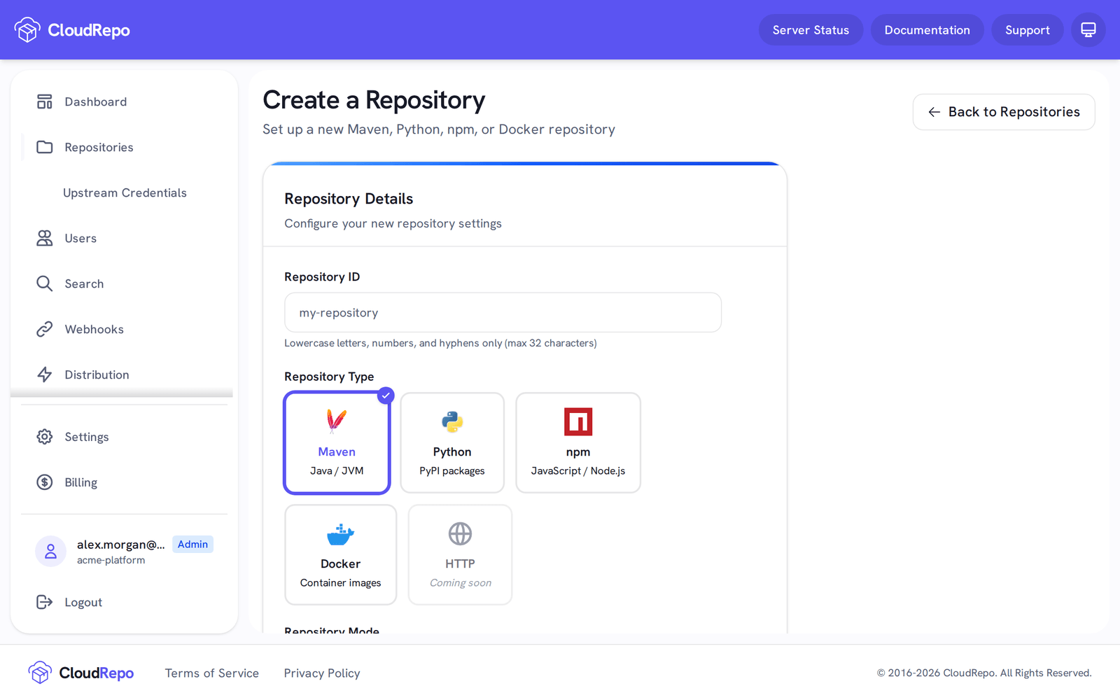 The Create a Repository form: Repository ID, and Repository Type with Maven chosen.