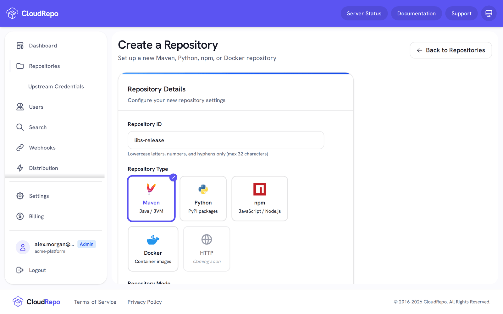 Repository ID holds libs-release and the Maven tile is chosen.