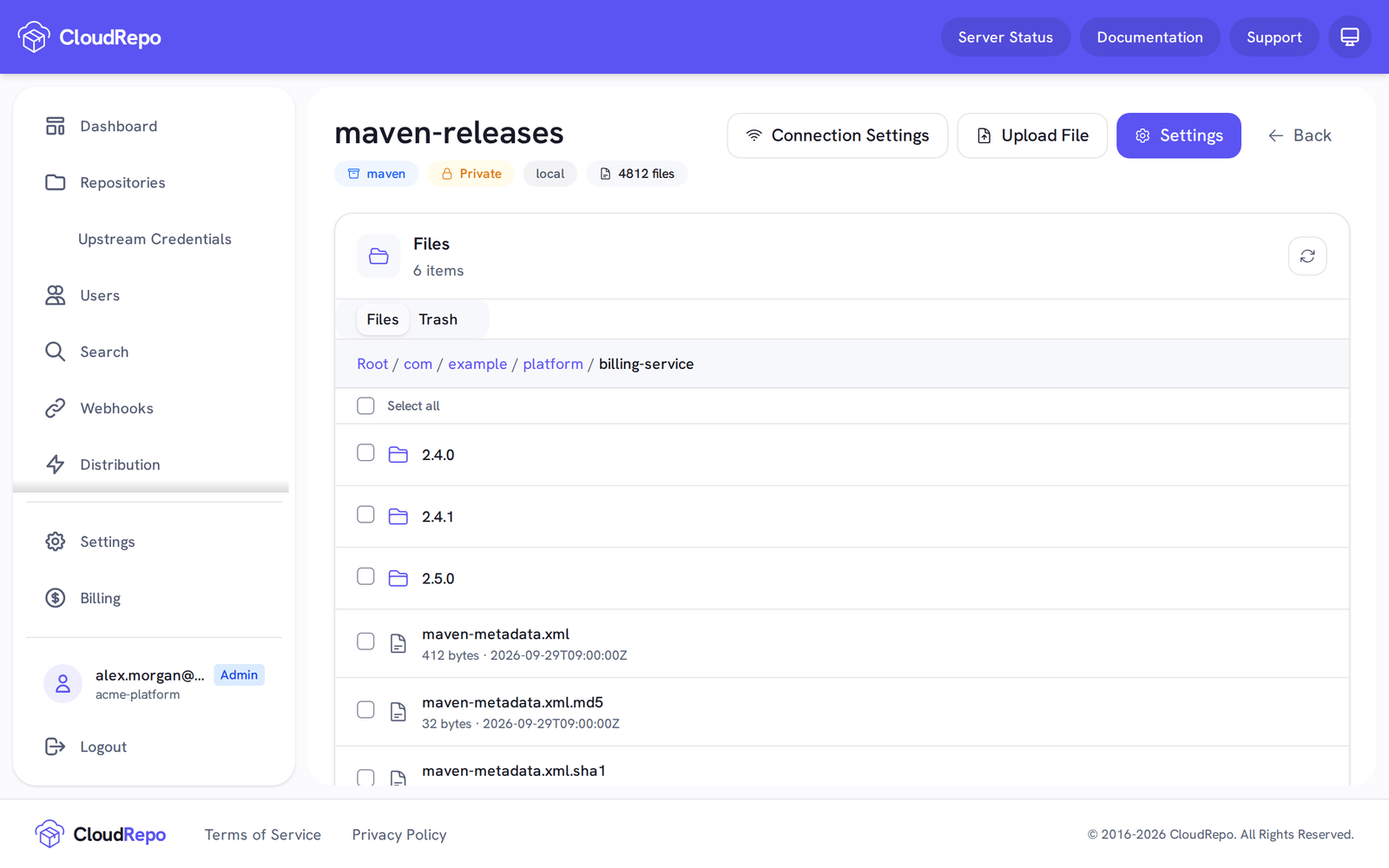 The maven-releases overview with its file browser open at com/example/platform/billing-service: three version folders, and maven-metadata.xml with its checksum files.