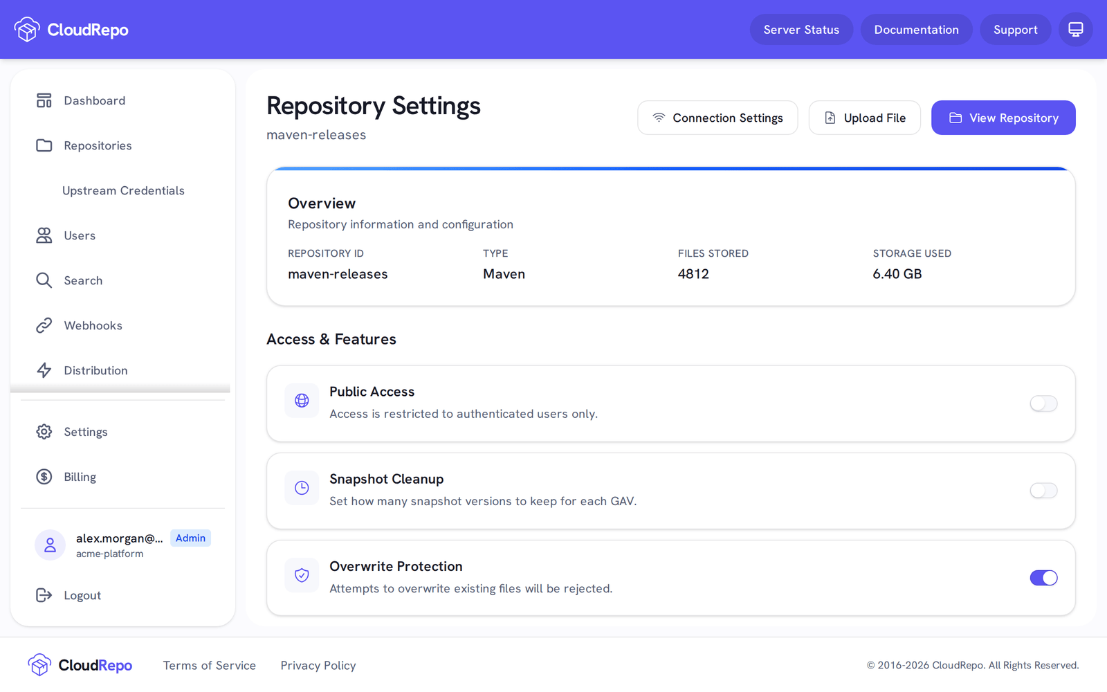 Repository Settings for maven-releases: the Overview card, then Public Access off, Snapshot Cleanup off and Overwrite Protection on.