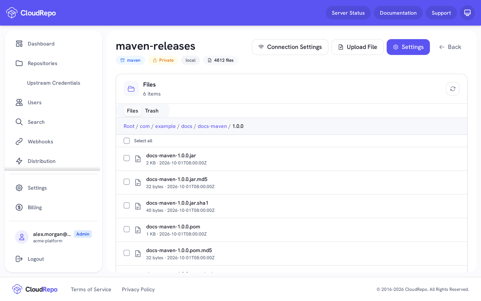 The maven-releases file browser at com/example/docs/docs-maven/1.0.0: docs-maven-1.0.0.jar and docs-maven-1.0.0.pom, with their checksum files.