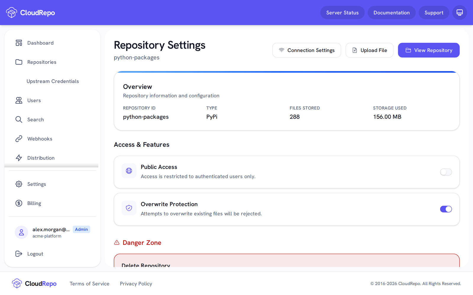 Repository Settings for python-packages: Overwrite Protection is on, and attempts to overwrite existing files will be rejected.