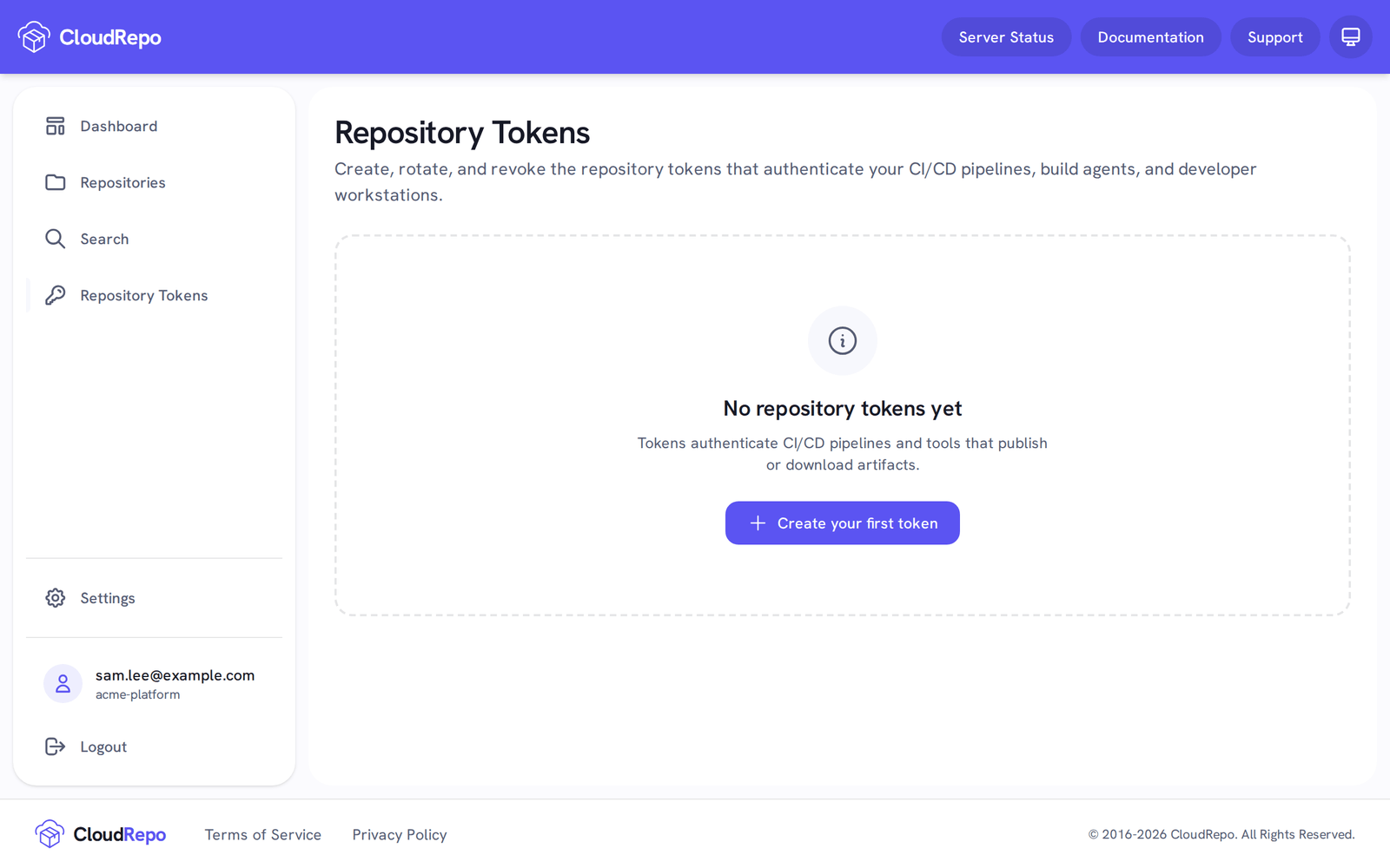 The Repository Tokens page with no tokens yet and a Create your first token button.