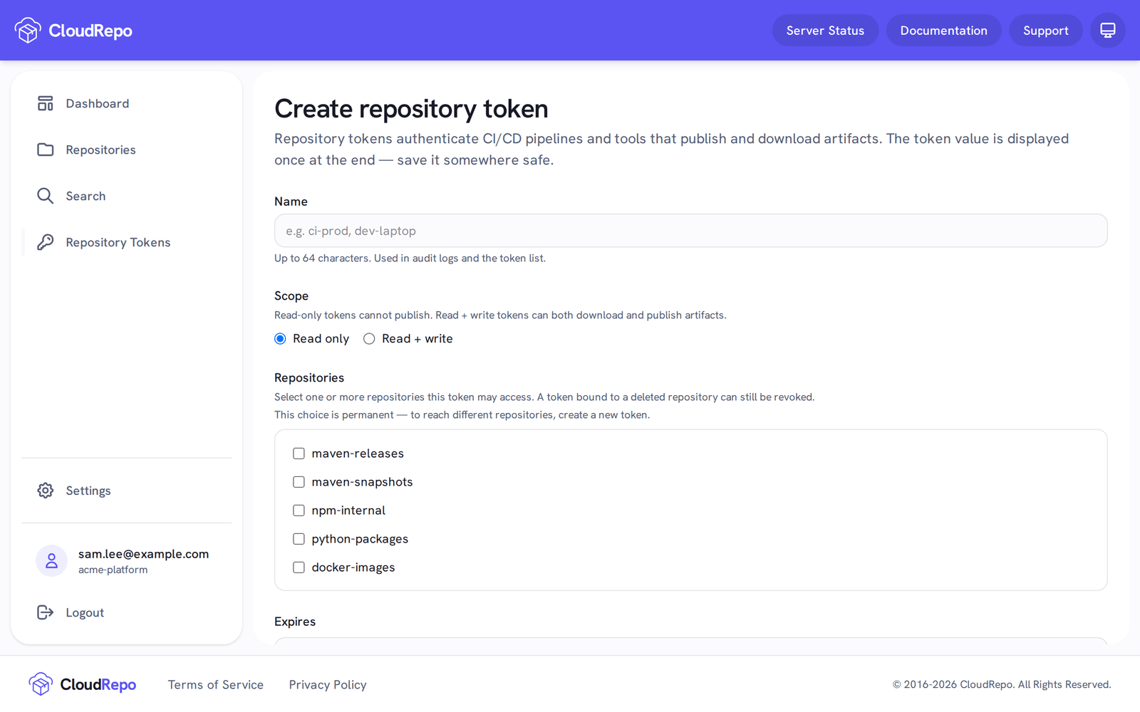 The Create repository token form: an empty Name field, Scope set to Read only, and five repositories to tick.