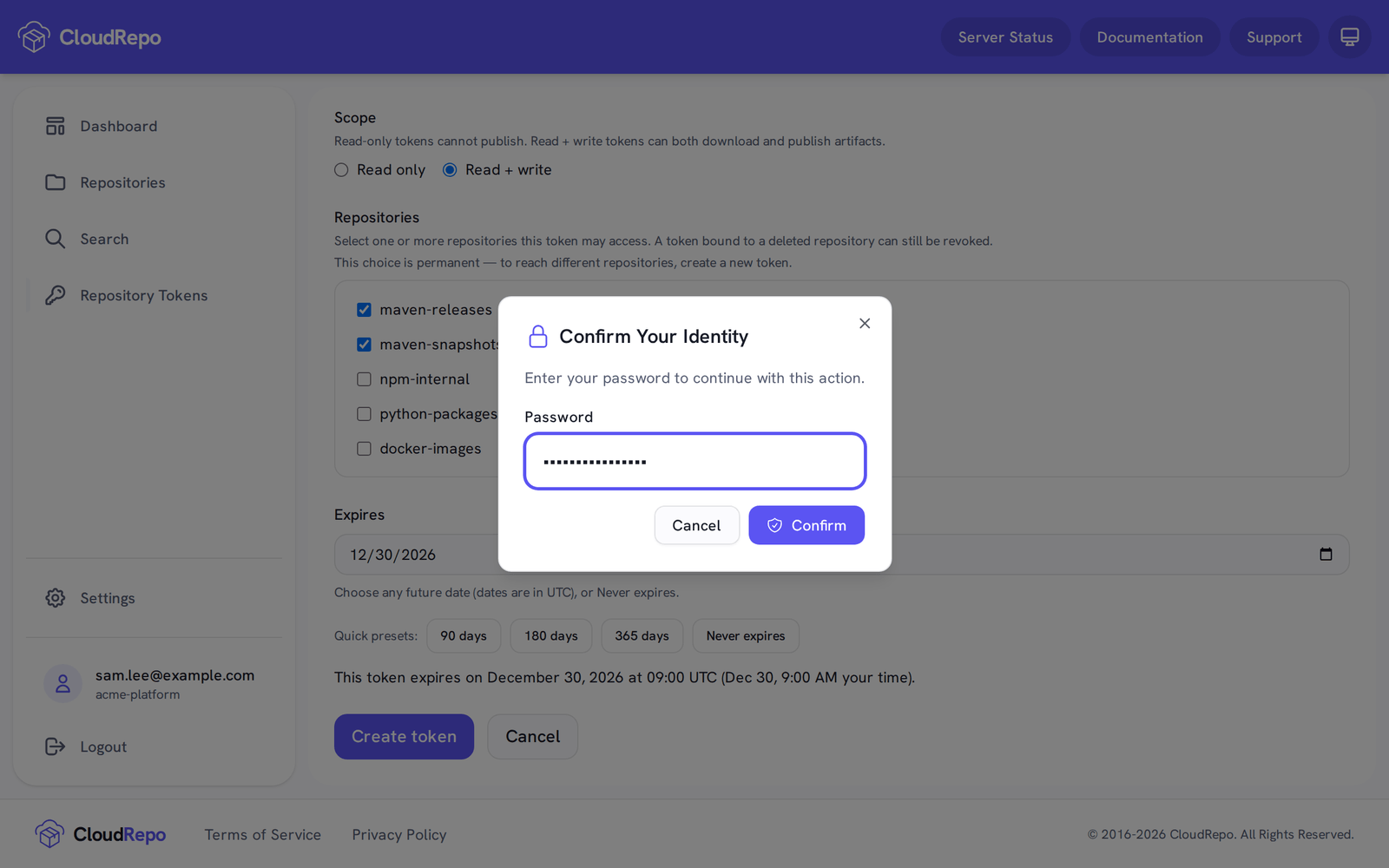 The Confirm Your Identity dialog asks for the password before the token is created.