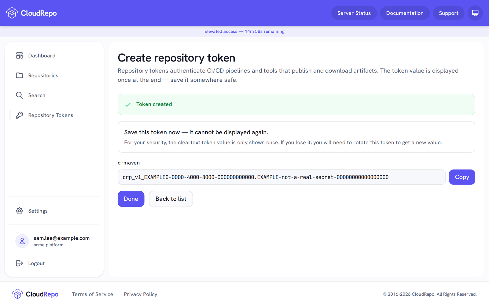 Token created, with the token value shown once and a Copy button.