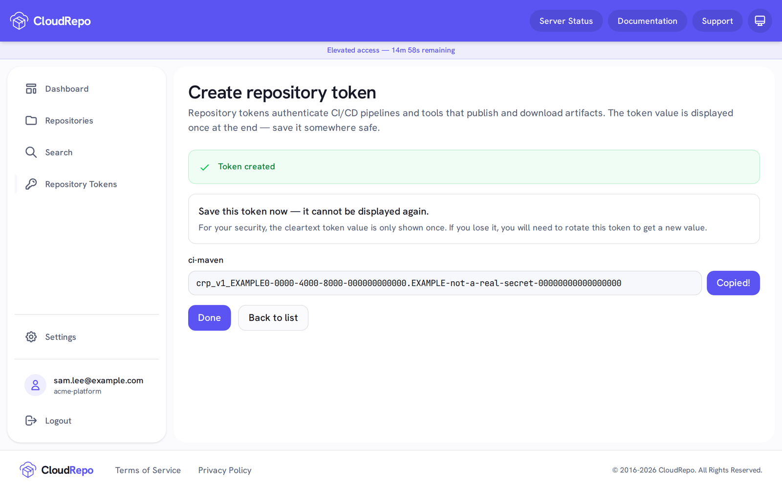 The Copy button now reads Copied!