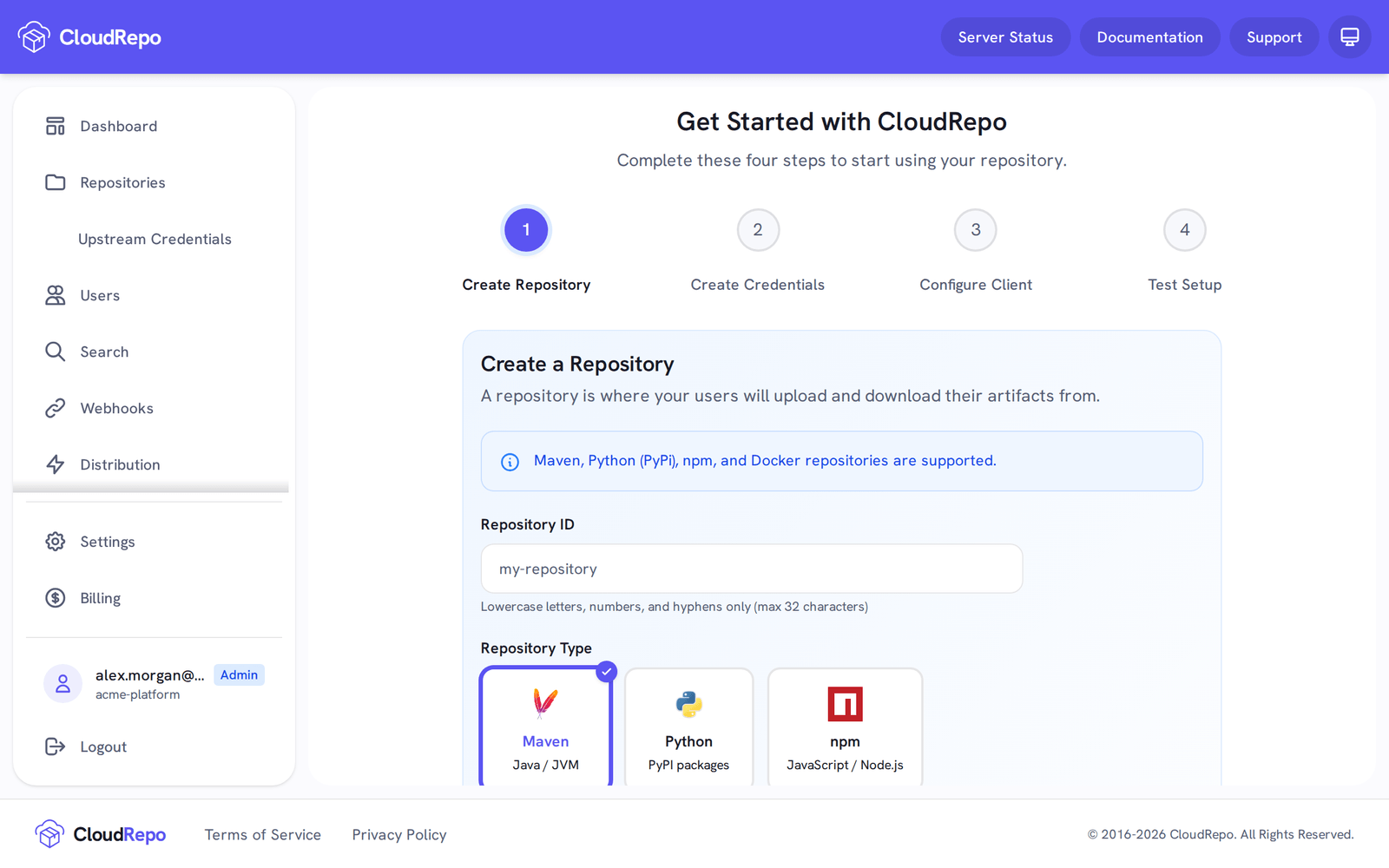 Get Started with CloudRepo at step 1, Create Repository, with steps 2 to 4 named Create Credentials, Configure Client and Test Setup.