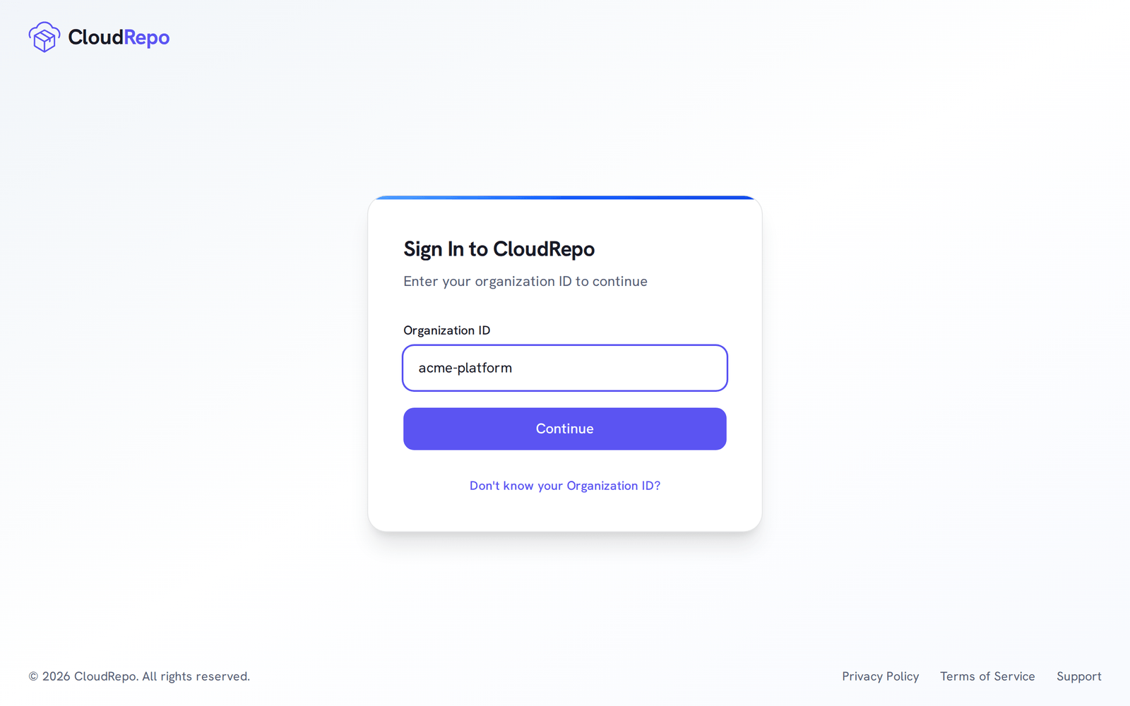 The Sign In to CloudRepo page with acme-platform typed in Organization ID.