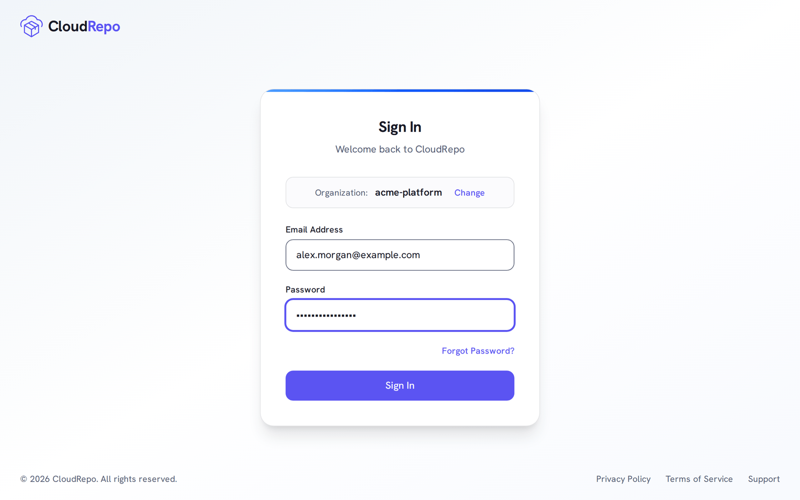 The Sign In page for acme-platform with the email address and password entered.