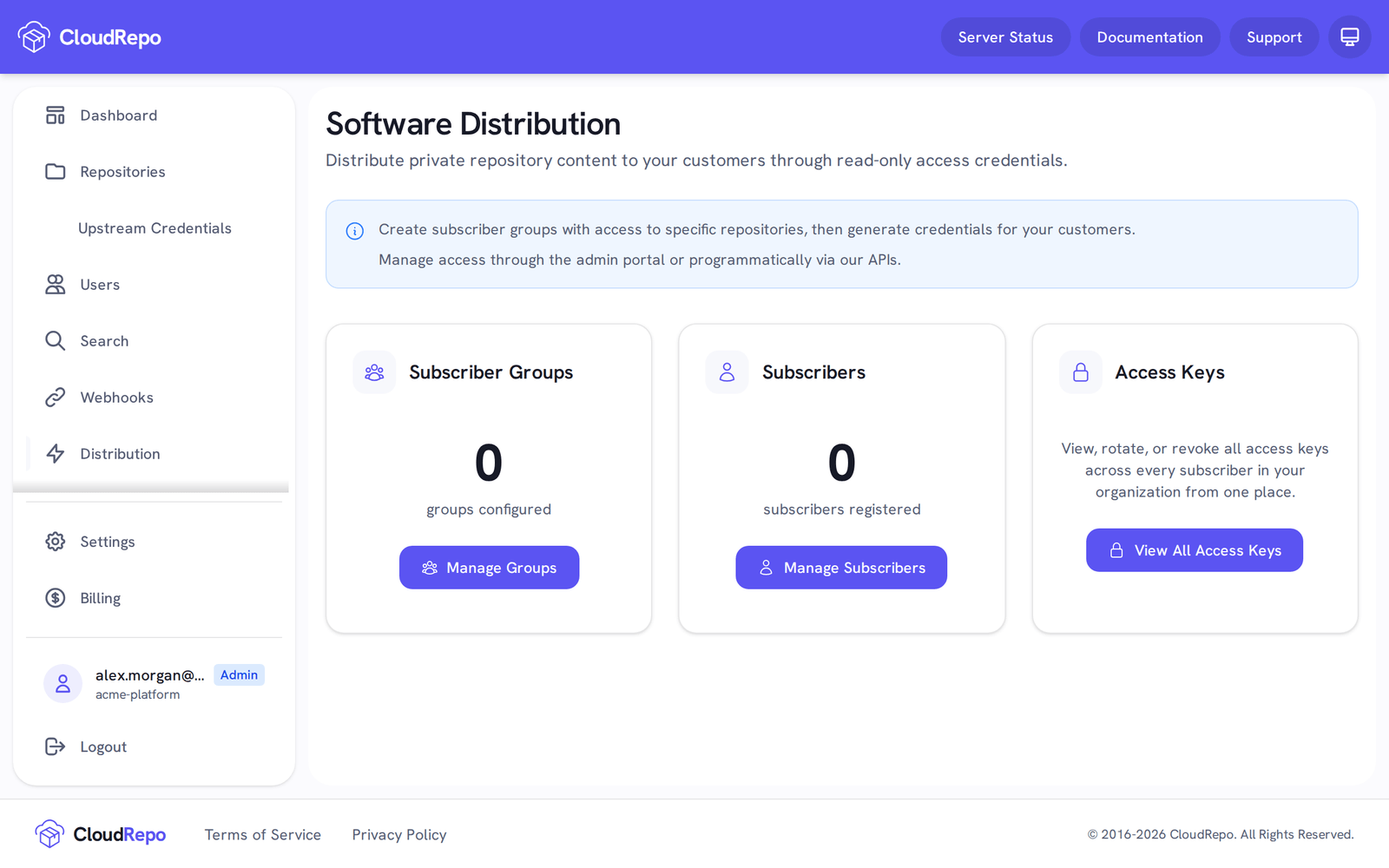 The Software Distribution overview: 0 subscriber groups, 0 subscribers, and Access Keys.