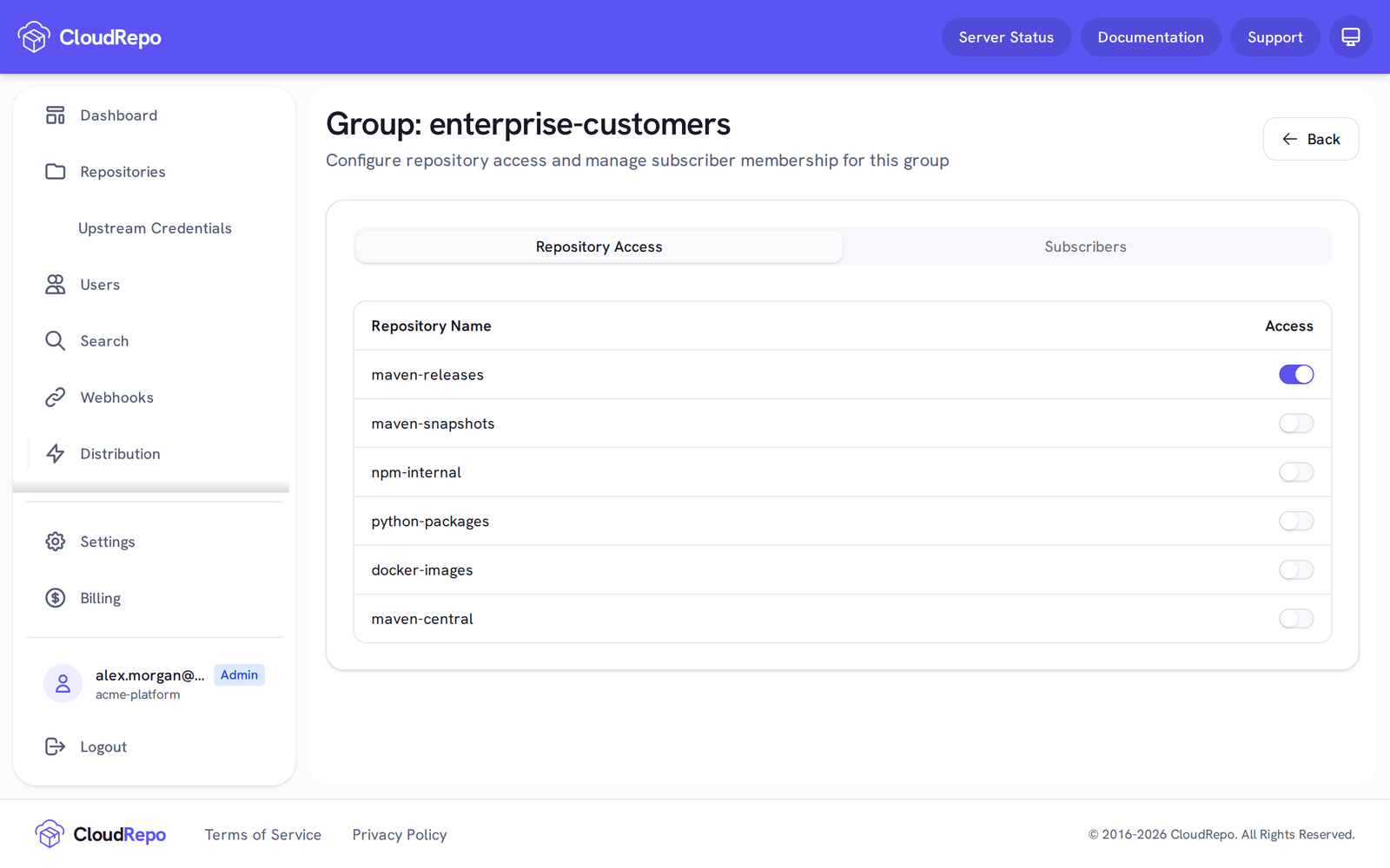Group enterprise-customers, Repository Access: maven-releases is switched on.