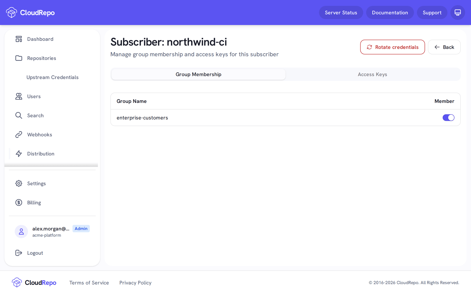 Subscriber northwind-ci, Group Membership: enterprise-customers is switched on.