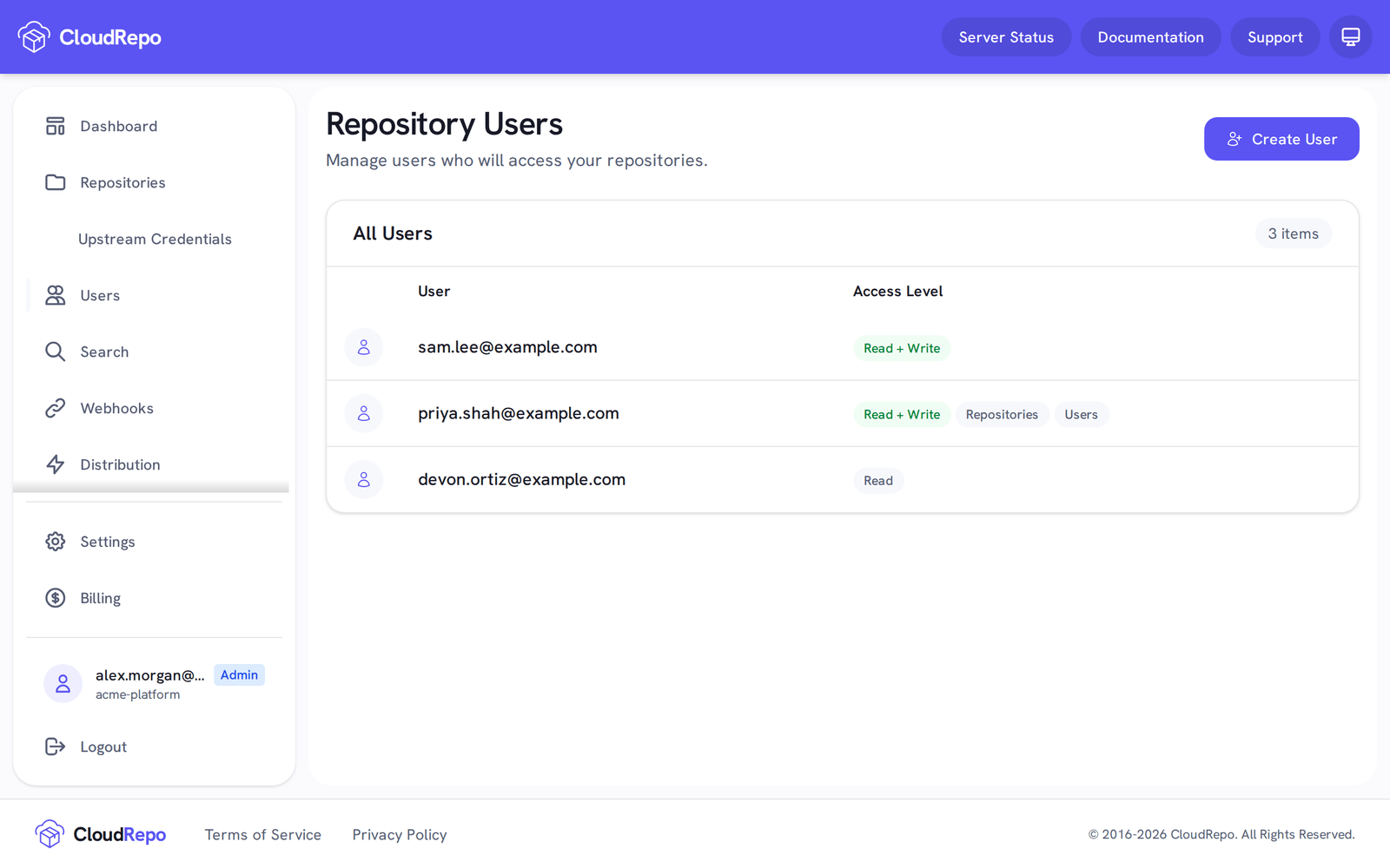 Repository Users lists sam.lee and priya.shah with Read + Write and devon.ortiz with Read.