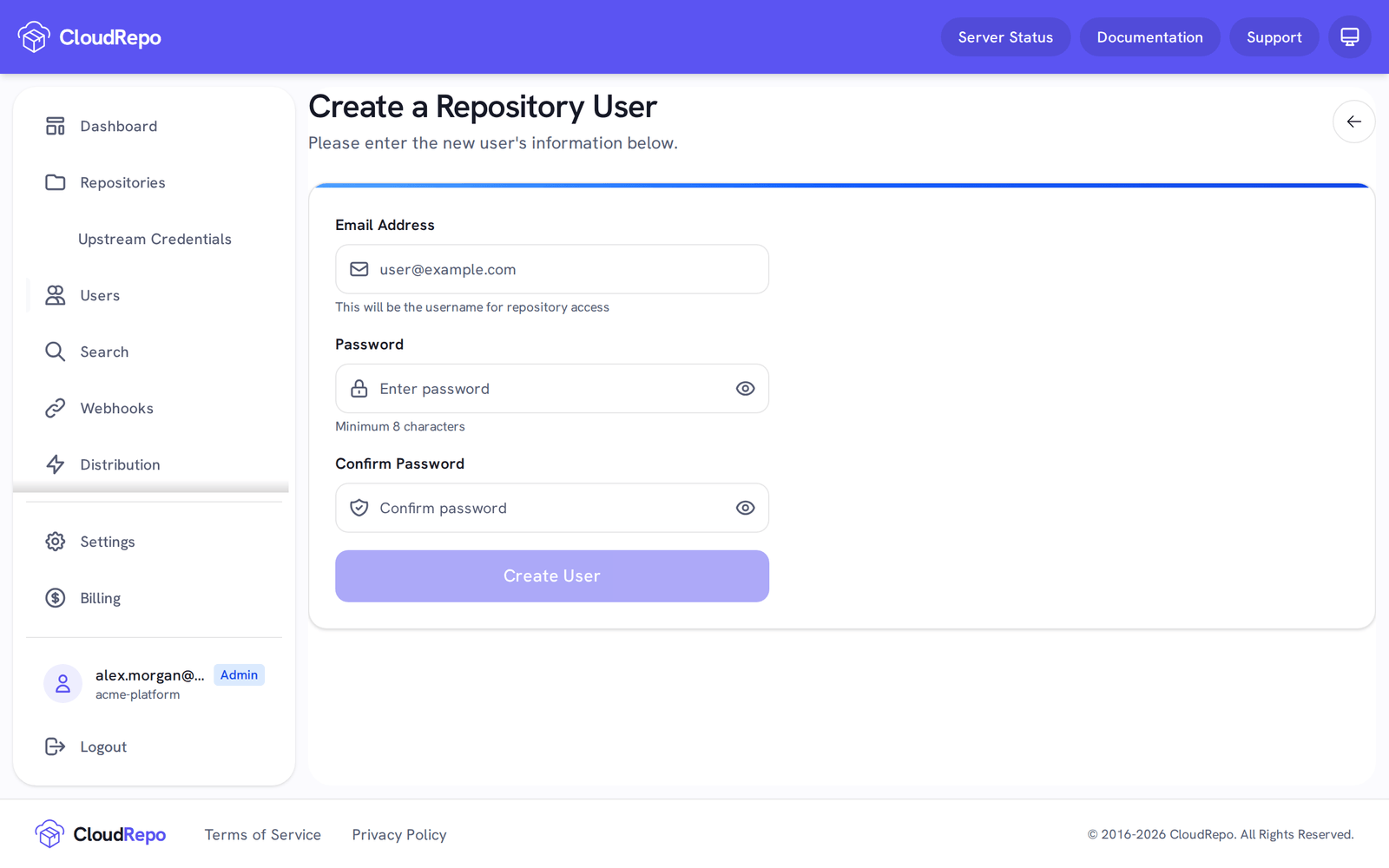 The Create a Repository User form: Email Address, Password and Confirm Password.