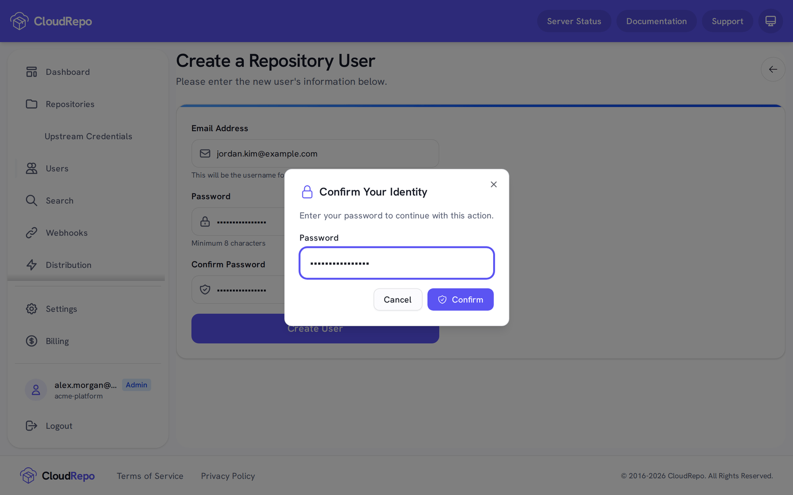 The Confirm Your Identity dialog asks for your password before the user is created.