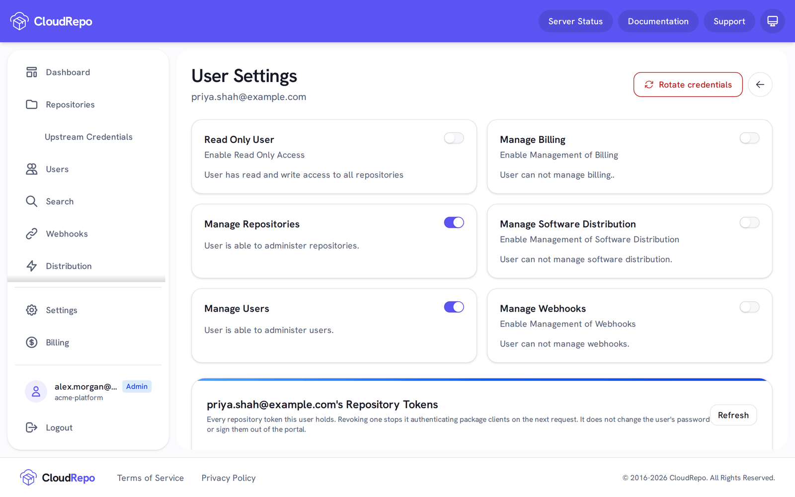 User Settings for priya.shah@example.com: Read Only User off, Manage Repositories and Manage Users on.