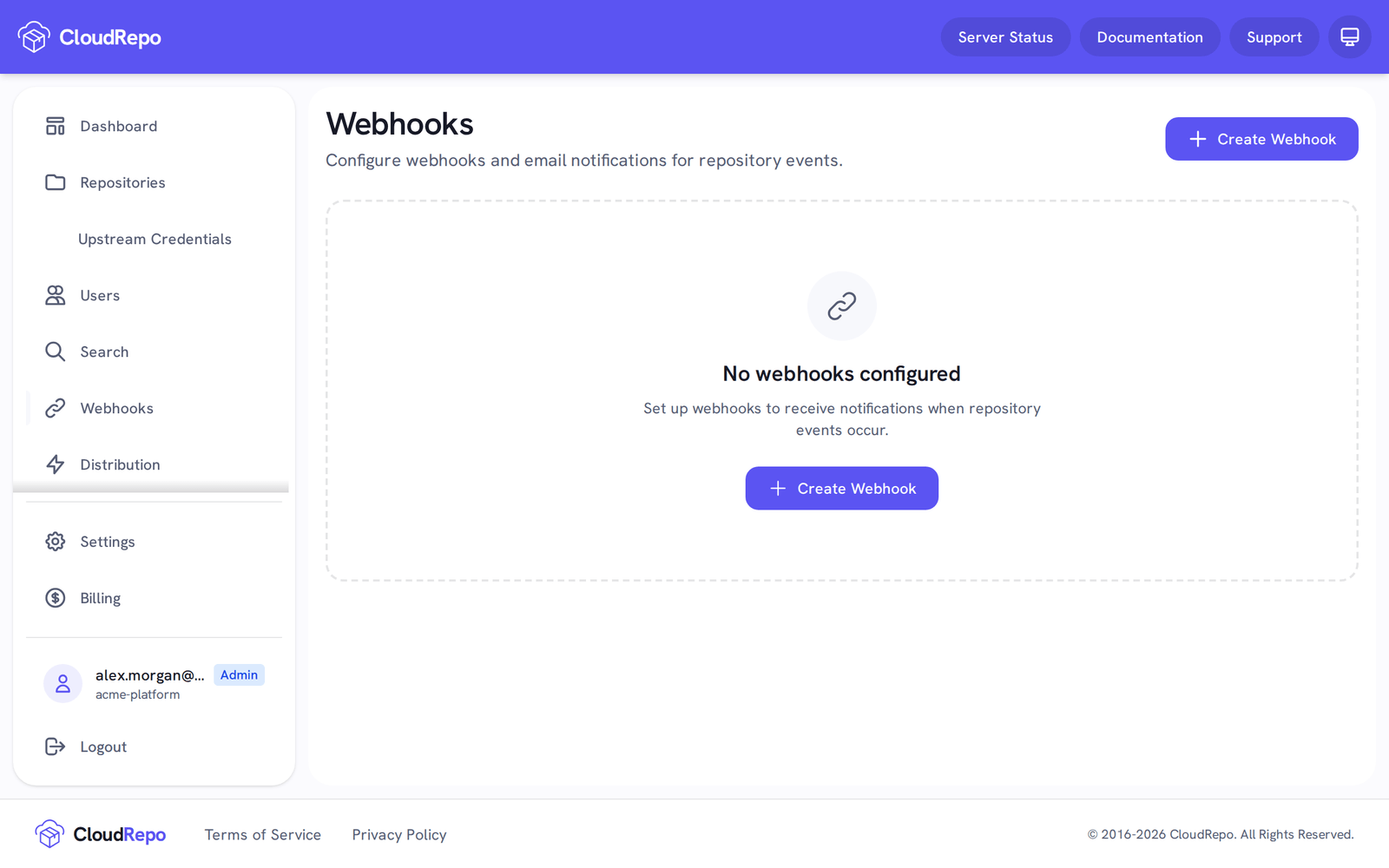 The Webhooks page reads No webhooks configured.