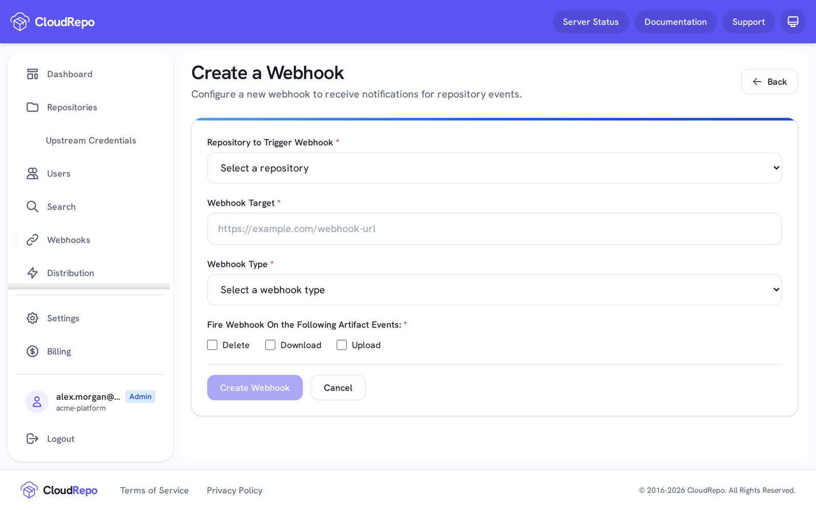 The Create a Webhook form: the repository, the webhook target, the type and the events.
