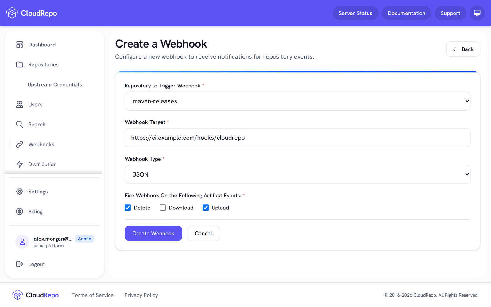 maven-releases is chosen, the target is https://ci.example.com/hooks/cloudrepo, the type is JSON, and Upload and Delete are ticked.