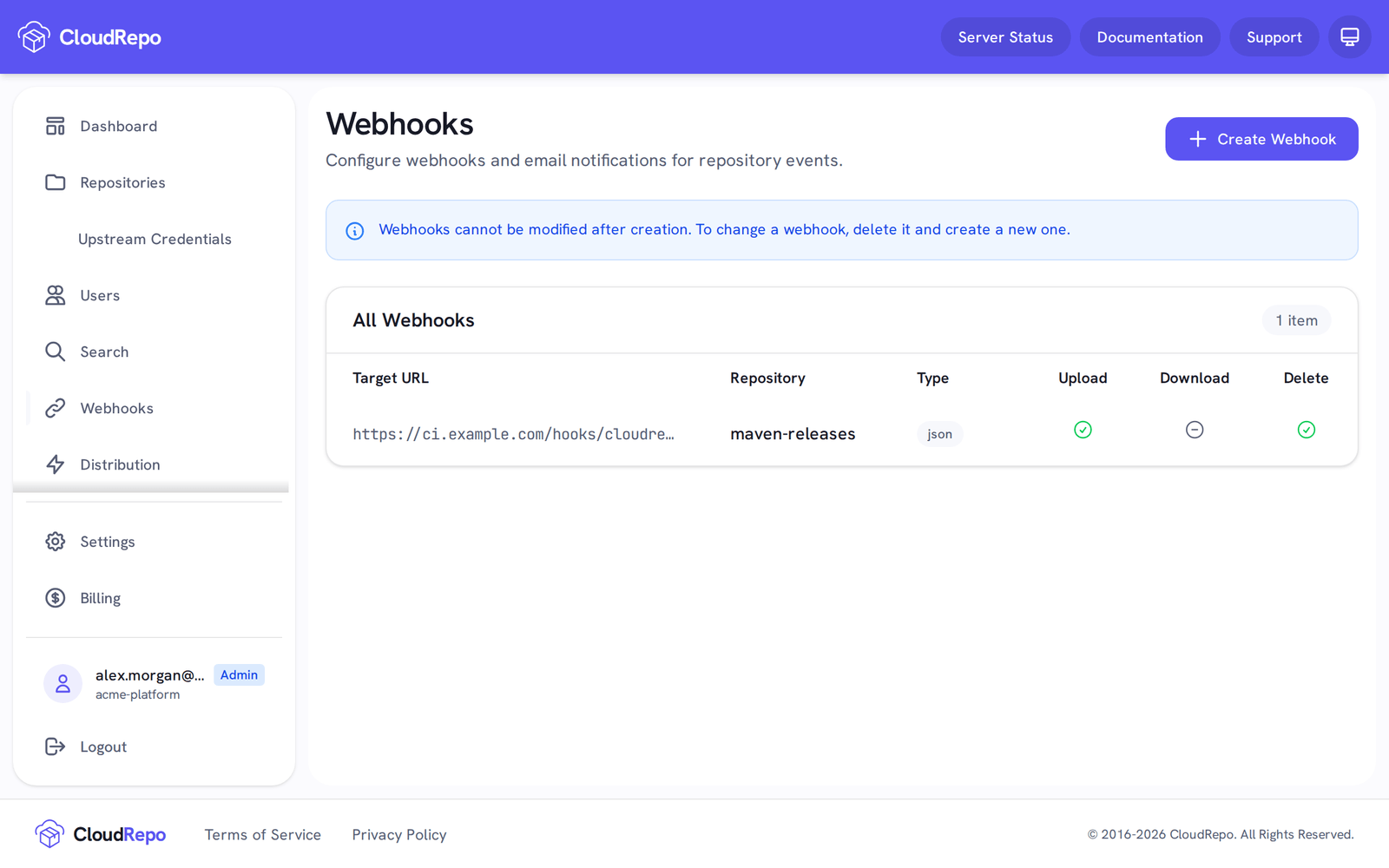 The new webhook is listed with its target.