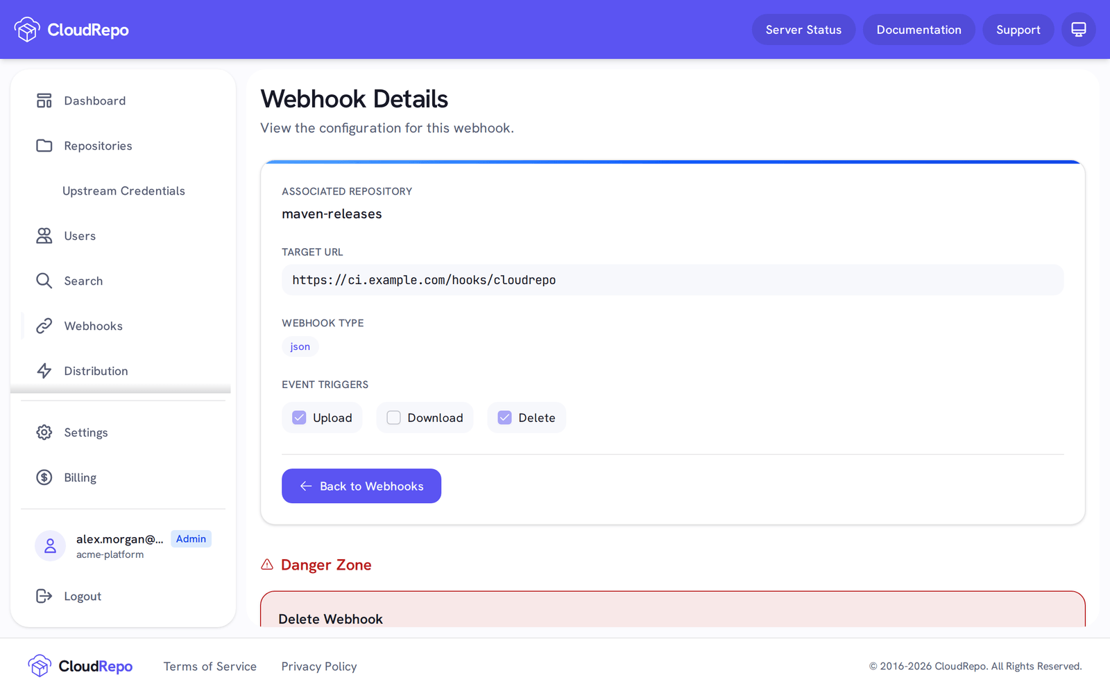 The webhook's details, with Delete Webhook at the bottom.