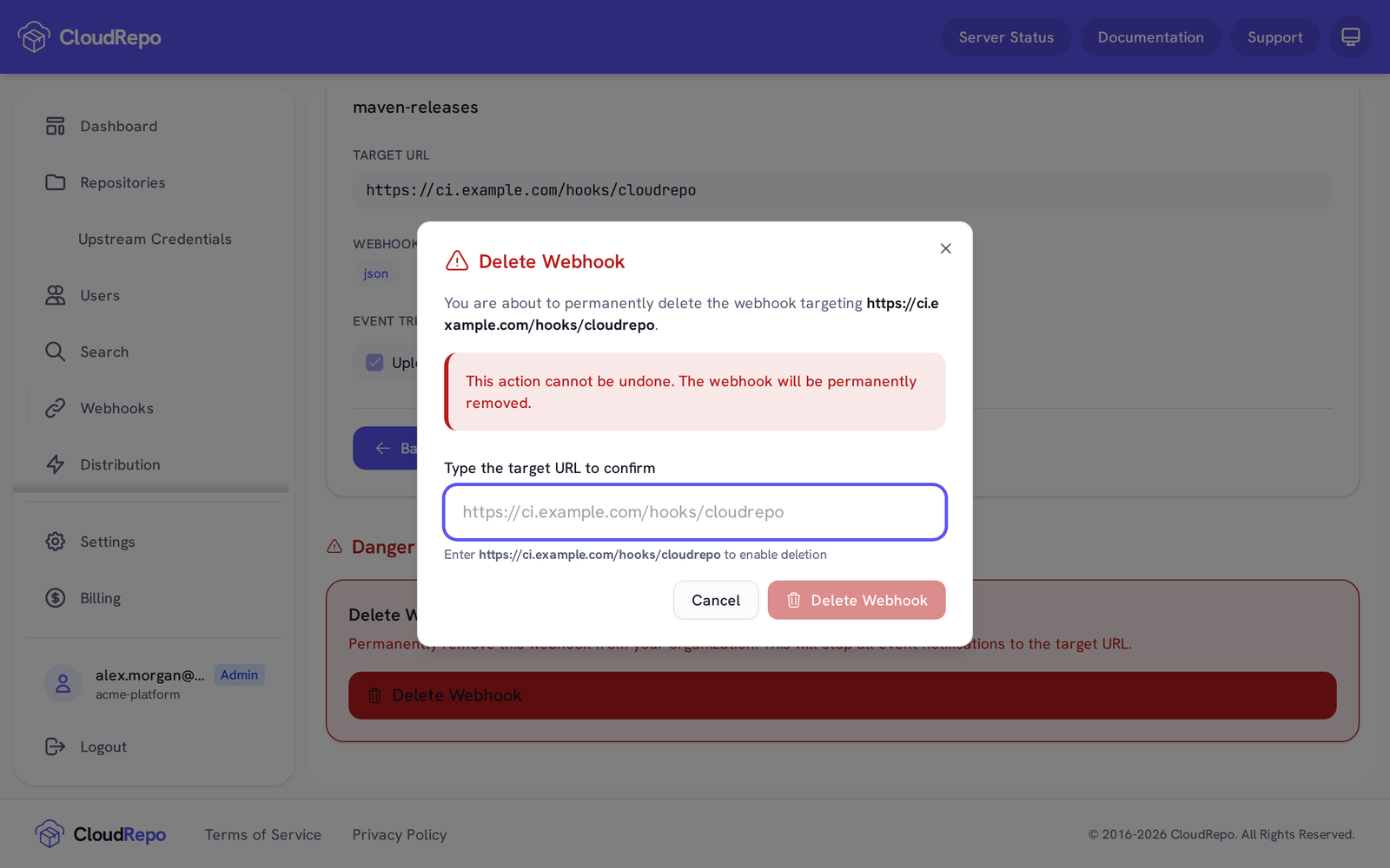 Delete Webhook asks you to type the target URL to confirm.